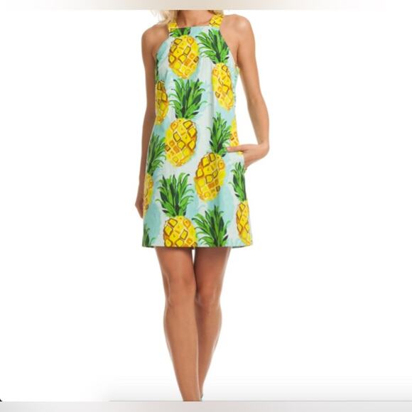 NWT Trina Turk Pineapple Mini Dress Size 2 Blue Yellow Cotton Vacation Summer - Picture 13 of 16